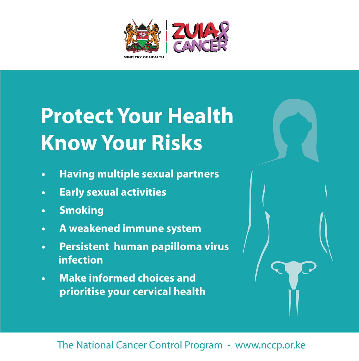 Protect your health by knowing the risk factors for cervical cancer, which include: having multiple sexual partners, early sexual activity, smoking, weakened immunity, and persistent HPV infection.
Make informed choices. Prioritize your cervical health.
#PreventionIsKey