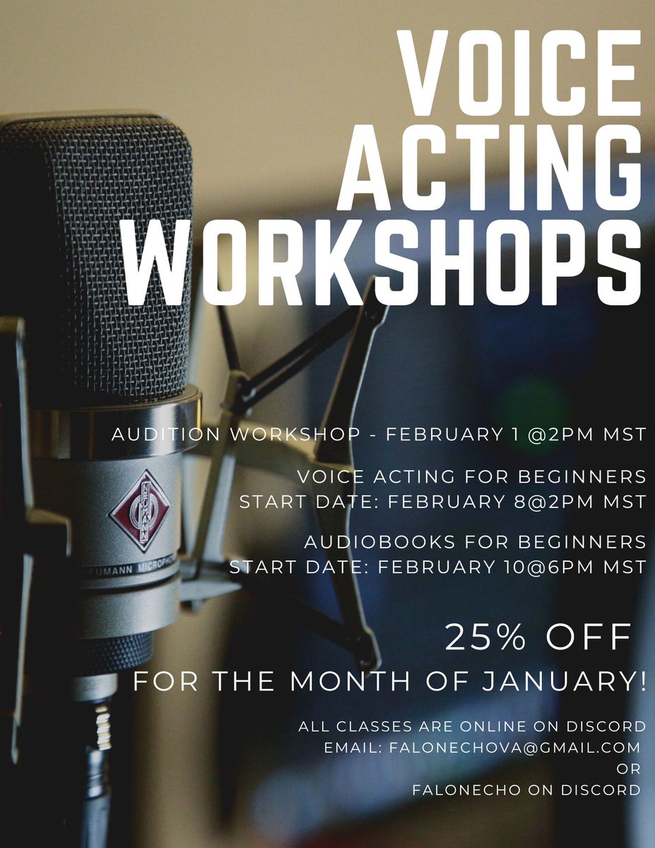25% off voice acting classes if you book this month!
Audition workshop is 3 hours long, and the voice acting and audiobooks for beginners are 6 sessions! All recorded incase you can't be there for one!