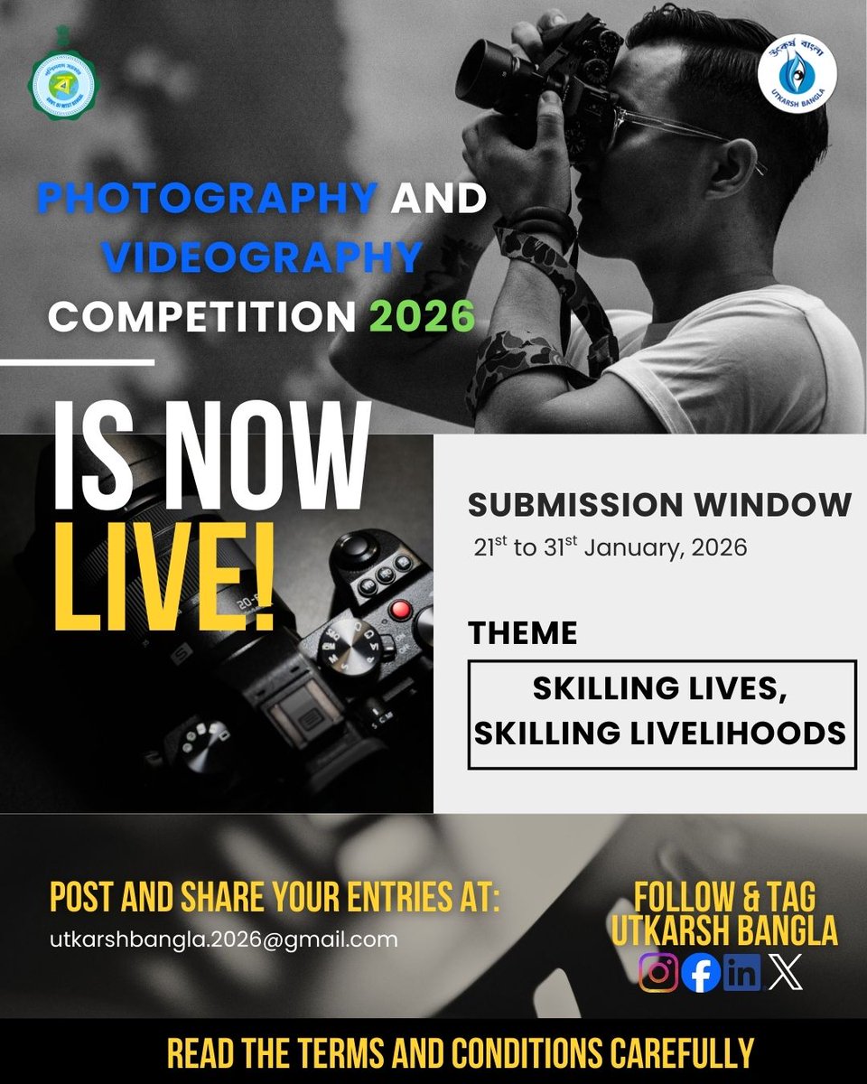 📸🎬 Now Live!
The Utkarsh Bangla Photography &amp; Videography Competition submission window opens today!

Terms and Conditions - pbssd.gov.in/.../Terms%20an…...

#photographycontest #VideographyContest #CreativeLens #capturethemoment @VisualStorytelling  #artofvisuals