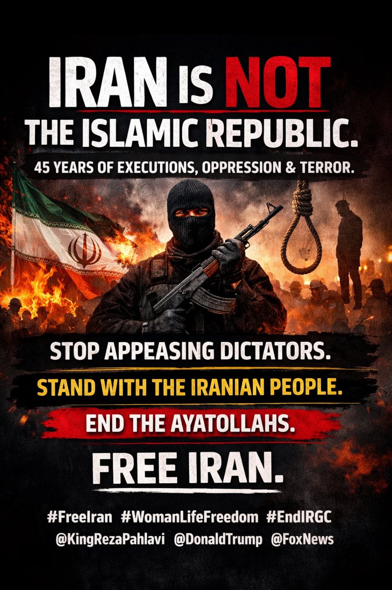 Mohamadmkkk's tweet image. Iran is NOT the Islamic Republic.
47 years of executions, oppression, terrorism, and lies.
This regime murders its own people and destabilizes the world.

Stop appeasing dictators.
End the Ayatollahs.

#FreeIran #WomanLifeFreedom #EndIRGC
@KingRezaPahlavi @DonaldTrump @FoxNews