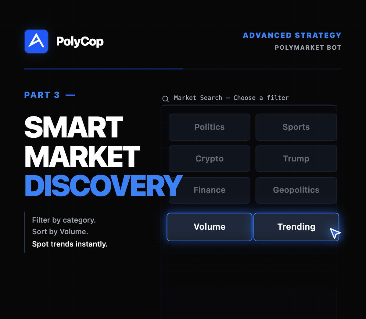 We brought the entire market discovery engine inside the bot. Filter by  Category: Politics, Crypto, Sports... Sort by Data: Volume & Trending. All  within the chat interface.