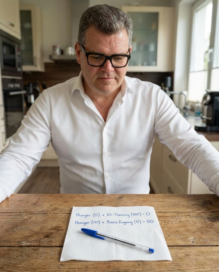 Die brutale Mathematik der KI-Transformation.
Auf einer Serviette.
​
Wir müssen über den Faktor Null sprechen.
​Unternehmen pumpen gerade Milliarden in den rechten Teil dieser Gleichung.

Lizenzen.
Copilot-Rollouts.
Prompt-Engineering-Kurse für 1.500€ den Tag.

​Der