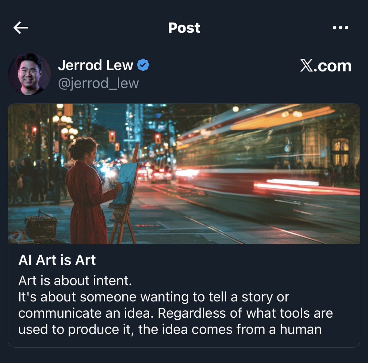 I will not stop saying this, AI is not art and it will never be art. What you do is the equivalent of microwaving a frozen meal and calling you’re a chef