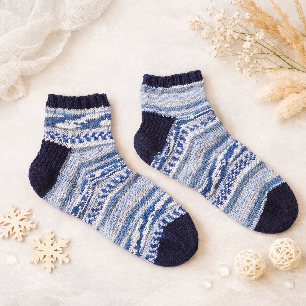 dango_please's tweet image. 左右の模様違うけどOKってことで🧦
背景は初めてチャッピーにお願いしてみました🧶

#だんごの糸端