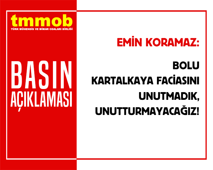 TMMOB Yönetim Kurulu Başkanı Emin Koramaz, 21 Ocak 2025 tarihinde Bolu Kartalkaya Kayak Merkezi’nde bulunan bir otelde 78 yurttaşımızın yanarak yaşamını yitirdiği facianın yıldönümü dolayısıyla 21 Ocak 2026 tarihinde bir basın açıklaması yaptı.

tmmob.org.tr/icerik/bolu-ka…