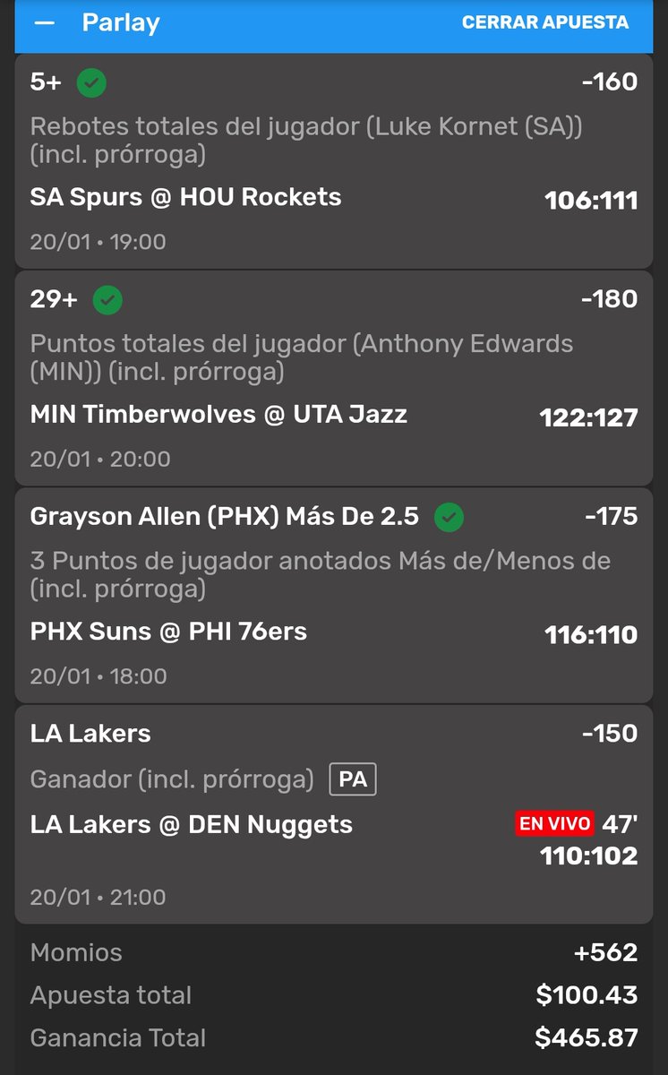 ElRazo117's tweet photo. @KBProps I cashed out on the Lakers, but I still made a profit. https://t.co/0ROq4MRFJj