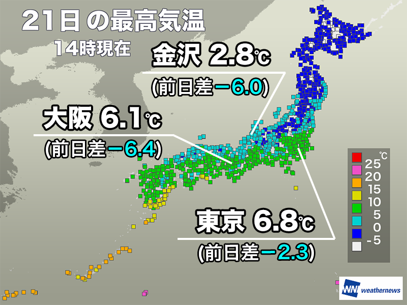 寒波の影響で厳しい寒さ＞ 寒波の襲来で今日21日(水)は寒さが厳しく
