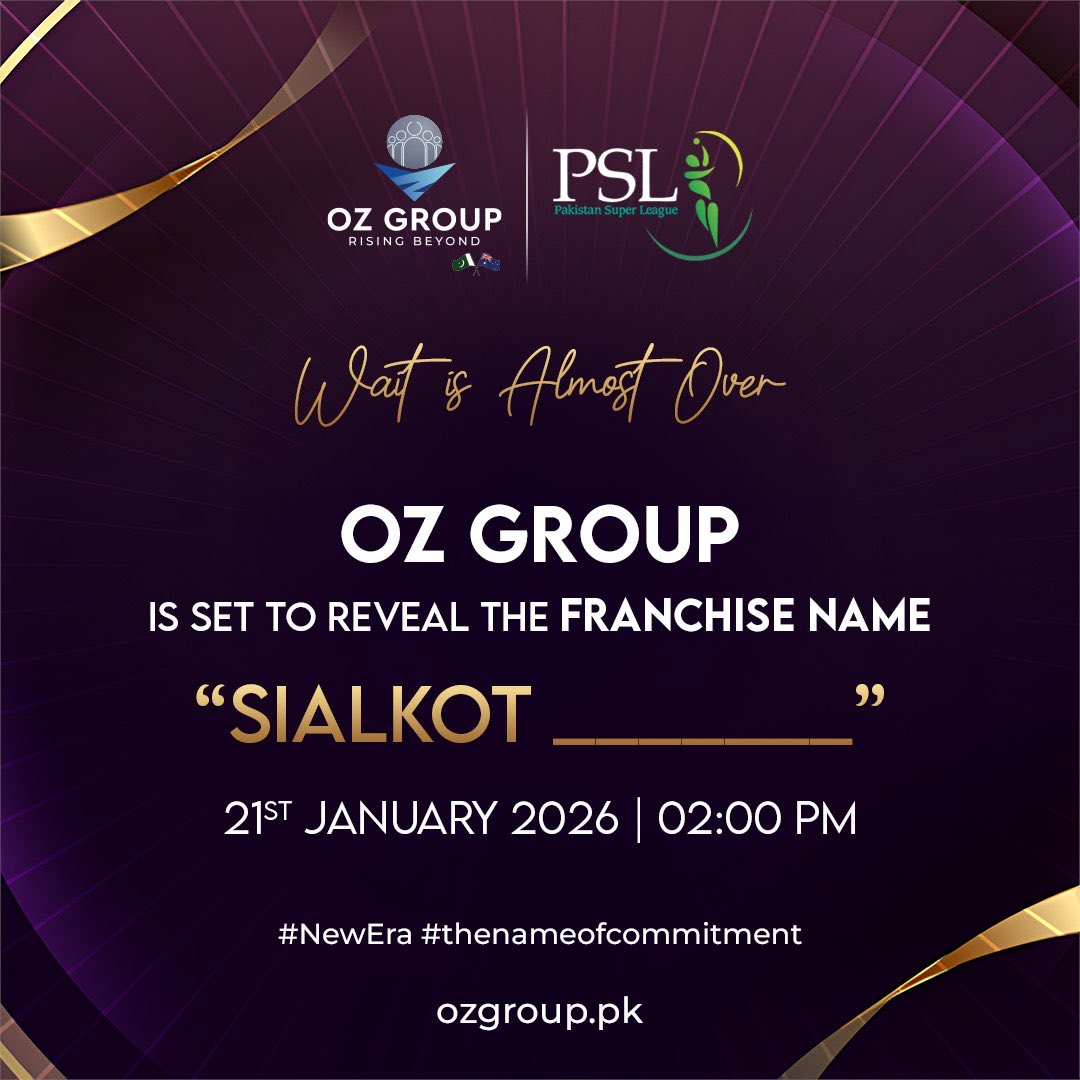 cricbyusman's tweet photo. All SET FOR SIALKOT TEAM’s NAME
- Sialkot Stallions
- Sialkot Shaheens
- Sialkot Sixers
- Sialkot Falcons
- Sialkot Thunders
#NewEra #PSL #OZGroup #Sialkot #FranchiseReveal #TheNameOfCommitment #RisingBeyond #OZDevelopers #HBLPSL #PSL2026 https://t.co/aV28X6fDiC
