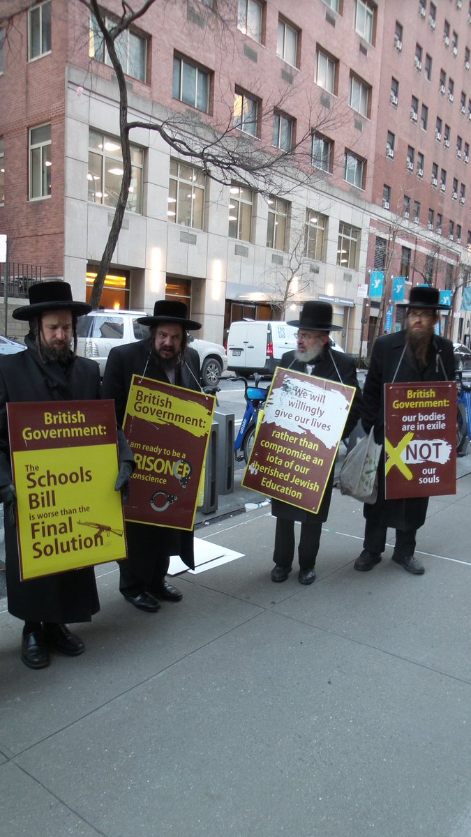 VOJews's tweet photo. Orthodox #Jews gather today outside the #British consulate in New York City, to demonstrate their strong opposition to the New School Bill, while the "Children's Wellbeing and Schools Bill" is debated in #Westminster 

The bill is fundamentally anti-religious, anti-semitic, and anti-democracy, and is backed by #Zionist groups who went to eradicate religion, 

the bill is viewed as a dire threat to the integrity of religious education, and to the longstanding freedom of religious communities in #England , the bill is specifically designed to hinder religious practice, in a deliberate attempt to undermine faith and loosen religious adherence in children