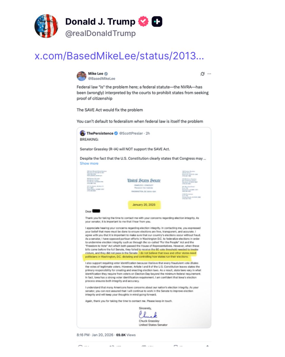 america's tweet image. President Trump posts in support of the SAVE Act