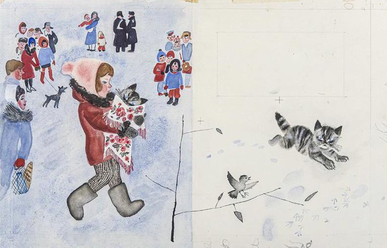 Клара Калинычева (1933–1999)
Разворотная иллюстрация к стихотворению Самуила Маршака (1887–1964) «Усатый-полосатый»
Бумага, акварель, белила, тушь. 31×47,4 см. 1974 г.
Рязанский государственный областной художественный музей имени И. П. Пожалостина