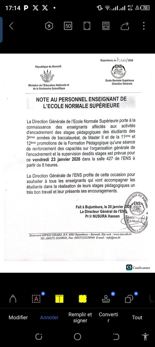 La Direction Générale de l'ENS invite les encadreurs des stages et les superviseurs à une séance de renforcement des capacités qui se tiendra vendredi, le 23 janvier 2026 à partir de 8h.