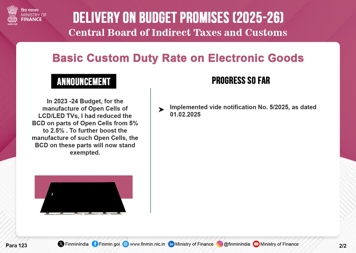 FinMinIndia's tweet photo. To further boost local manufacture of Open Cells for LCD/LED TVs, BCD on parts of Open Cells is fully exempted, building on earlier reductions. (2/2)

#BudgetForViksitBharat #PBC2026 https://t.co/AtsPIgrX3d
