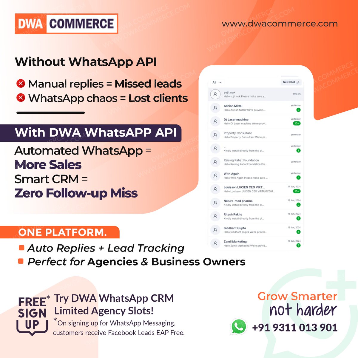 DWACommerce's tweet photo. Stop missing leads on WhatsApp 
Automate replies, track every lead &amp; grow smarter with DWA Commerce WhatsApp API.

👉 EAP Sign-Up: https://t.co/6hYQx9fBGN
🌐 https://t.co/duiaIafcqA | 📲 +91 9311 013 901

#DWACommerce #WhatsAppAutomation #FreeSignup #EarlyAccess #LeadGeneration https://t.co/c2B68HT8Bv