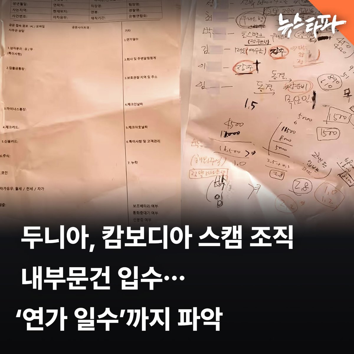 newstapa's tweet image. 캄보디아에서 활동하는 한국인 '사이버 스캠' 조직이 피해자의 개인정보를 사전에 치밀하게 수집해 사용했음을 보여주는 문건이 드러났습니다. 이 범죄조직은 검찰, 금감원 등을 사칭하는 수법으로 개인정보를 수집해 관리해온 것으로 밝혀졌습니다.

이 문건에 따르면, 해당 범죄조직은 범죄 피해자의…