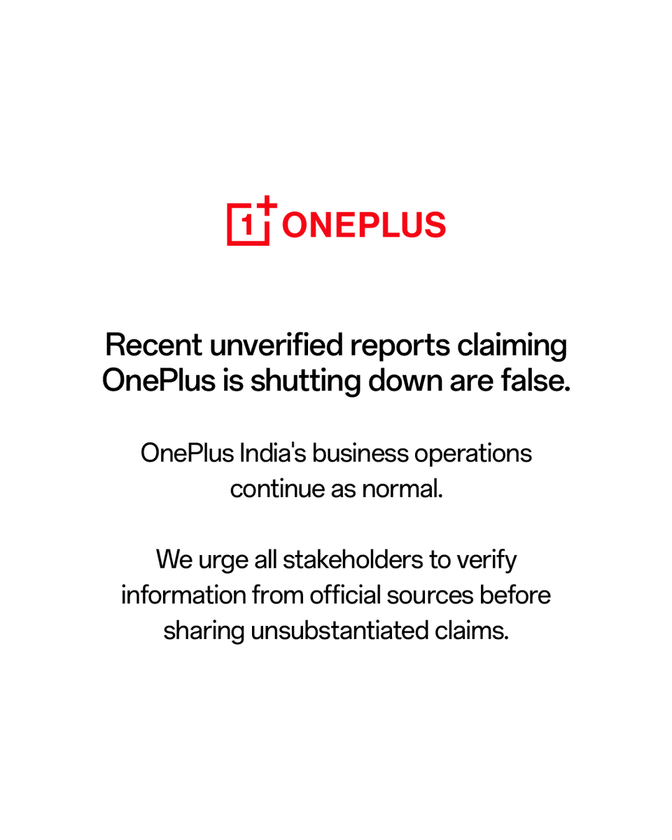 FlashNewstech's tweet image. 🚨 OnePlus Shutdown? Fake News! ❌📱

OnePlus has officially denied reports of its closure, calling them "false" and "unverified".

Status: Business as usual.

Advice: Only trust official sources.

#OnePlus #OnePlusIndia #TechNews #NeverSettle