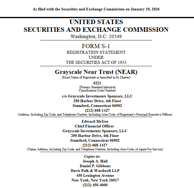 CryptoTimes_io's tweet photo. 🚨JUST IN: Grayscale has filed an S-1 with the SEC to launch a Grayscale NEAR Trust. https://t.co/kagGh4sIS4