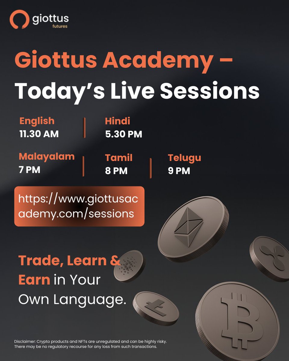 Learn crypto & futures trading — live today. Sessions in your language 👇  English – 11:30 AM Hindi – 5:30 PM Malayalam – 7 PM Tamil – 8 PM Telugu – 9  PM Join here 👉 https://t.co/nkfXDWRKAW #Bitcoin #Ethereum #Crypto  #GiottusAcademy