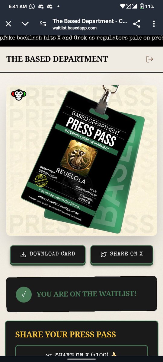 claimed the <a href="/basedappcom/">Based</a> Press Pass
trying to max this progression bar 👀
jump in with my link ↓
waitlist.basedapp.com/?ref=rPZp_yNeBt