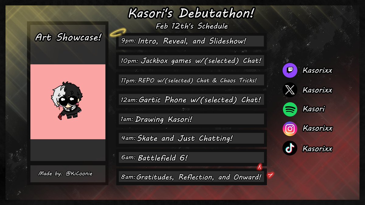 Kasorixx's tweet photo. Hey Everyone! Debutathon Schedules are here! There is so much content I have planned and even things for the community to join! I also am posting the Rewards for you all to see! 

FEB 12th 9PM CST!!!
#Vtuber #ENVtuber #VtuberDebut https://t.co/qq0tQuJSgN