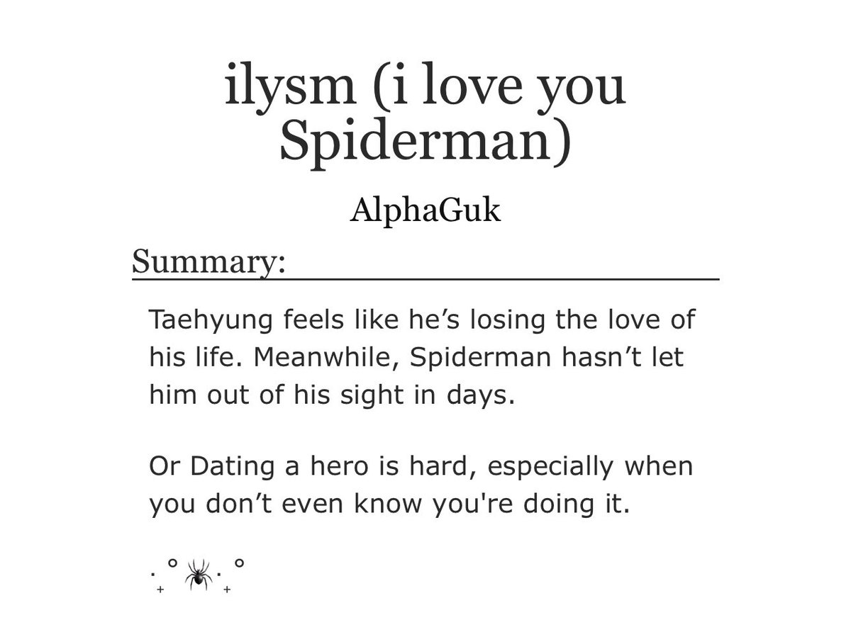 taeggukaus's tweet image. ꒰ 𝑟𝑒𝑐 𝑜𝑓 𝑡ℎ𝑒 𝑑𝑎𝑦 ꒱ ⋆˙⟡

— title: ilys (I love you spiderman) by @AIphaGuk 

🫧 tags
» spideykoo
» established relationship 
» protective jk
» oblivious th
» misunderstandings

7k words | one shot.

🖇️ ao3.org/works/64818823