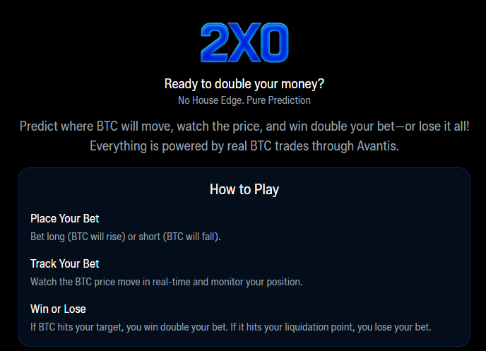 0xrupiah2020's tweet photo. Introducing Double or Nothing by @2x0fun.

Predict BTC on @baseapp, take your shot, and multiply the thrill.

Simple mechanics, real stakes, pure onchain excitement.

Powered by @avantisfi, built with love on @base.

Your prediction could be the one that doubles everything. 🚀

➡️Start Here:  https://t.co/0yCZHVLhyZ