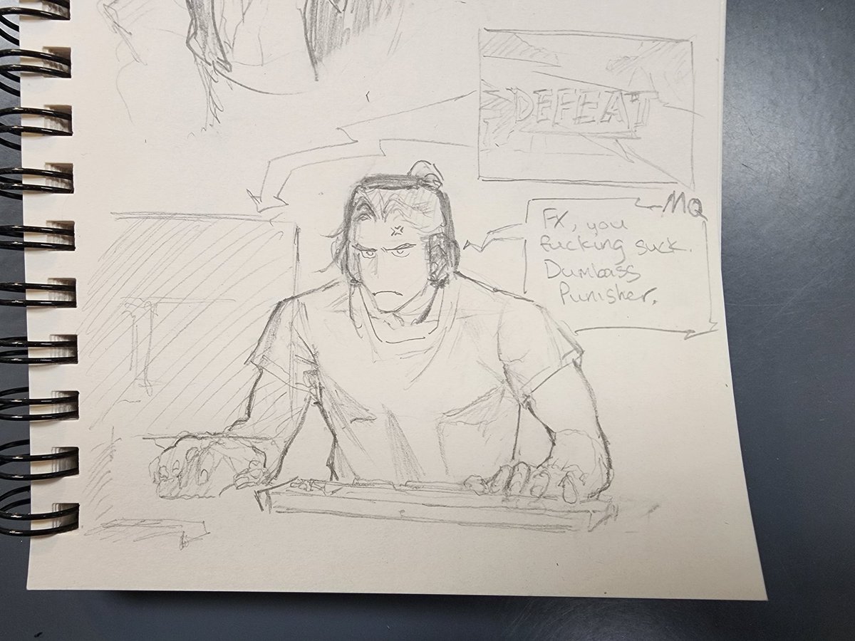 Alalinide's tweet image. At work I drew Feng Xin suffering Marvel Rivals. Slight #fengqing because MQ is there to lovingly roast him. Maybe I might continue drawing this idea out lol. (Sorry i have bo finished pieces. I only drew in my sketchbook for the past week while I was away)