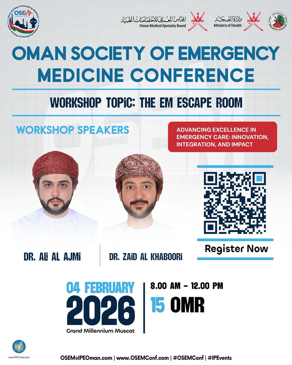osem_oman's tweet image. Join a focused workshop at the #OSEMConf 

Workshop topic: The EM Escape Room

Dr. Ali Al Ajmi
Dr. Zaid Al Khaboori

4 February 2026
8:00 AM – 12:00 PM
15 OMR

Limited seats available.

Register now @ bit.ly/OSEMReg
For more Info, please visit: OSEMConf.com