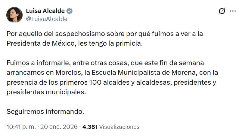 LuisCardenasMx's tweet image. REUNIONES DE PARTIDO QUE CABÍAN EN UN WHATSAPP

La dirigente nacional de Morena, Luisa María Alcalde, intentó disipar el “sospechosismo” sobre su visita a la Claudia Sheinbaum con una explicación reveladora: fueron a informarle actividades internas del partido, como el arranque…