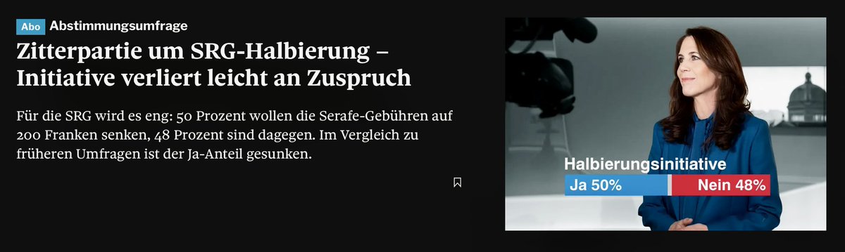 Die SRG-Halbierungsinitiative verliert zurecht an Zuspruch. Noch ist aber viel Aufklärung nötig, damit Sport- 🥇, Kultur-und Unterhaltssendungen nicht still 🤐 gelegt werden. Das käme teuer zu stehen, darf nicht passieren. NEIN. 🙅.