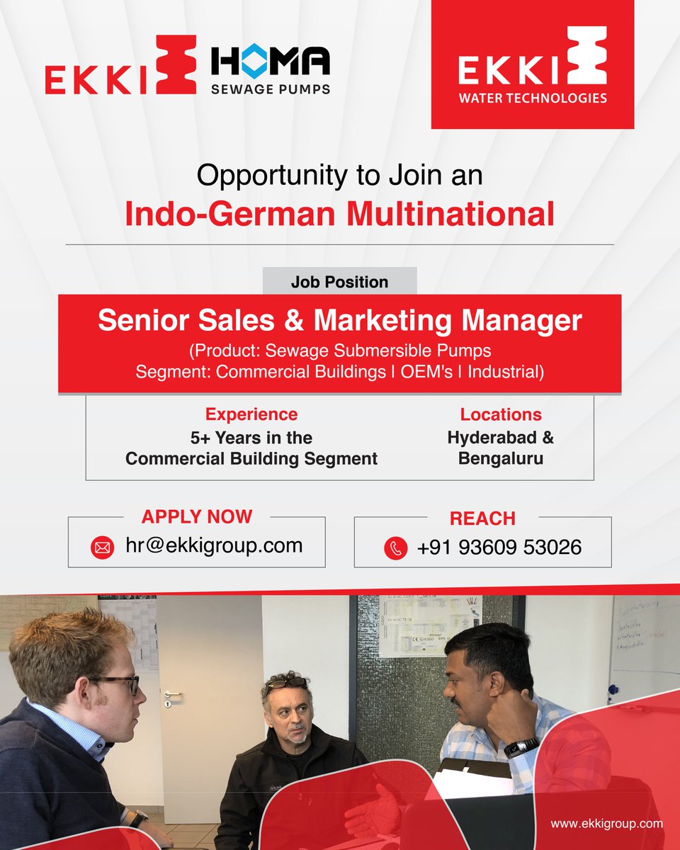 Join an Indo-German Multinational in the water technology sector.

We're looking for Senior Sales &amp; Marketing Managers
(Product: Sewage Submersible Pumps, Segment: Commercial Buildings | OEM's | Industrial) 

Step into a global role. Drive impact. Grow with EKKI 

#WeAreHiring