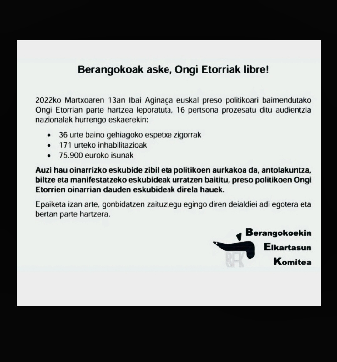 Berangoko Ongi Etorriko auzipetuekiko ELKARTASUN EGUNA Euskal Herrian zehar zabalduko da!! ✊️
Hurbildu zaitez eta parte hartu!!
Berangokoekin Elkartasun Komitea