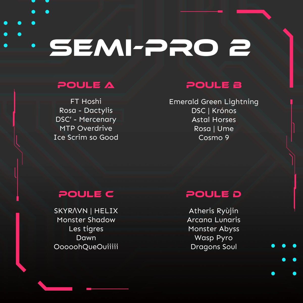 Voici les poules de nos divisions Semi Pros.

#OAFO2026 #SemiPro #Overwatch2