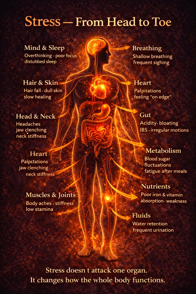 STRESS — FROM HEAD TO TOE
Stress affects the human body from head to toe.
It doesn’t attack one organ.
It changes how the entire body functions.
When stress becomes chronic, the body remains in survival mode —
and healing quietly takes a back seat.
That’s why symptoms seem