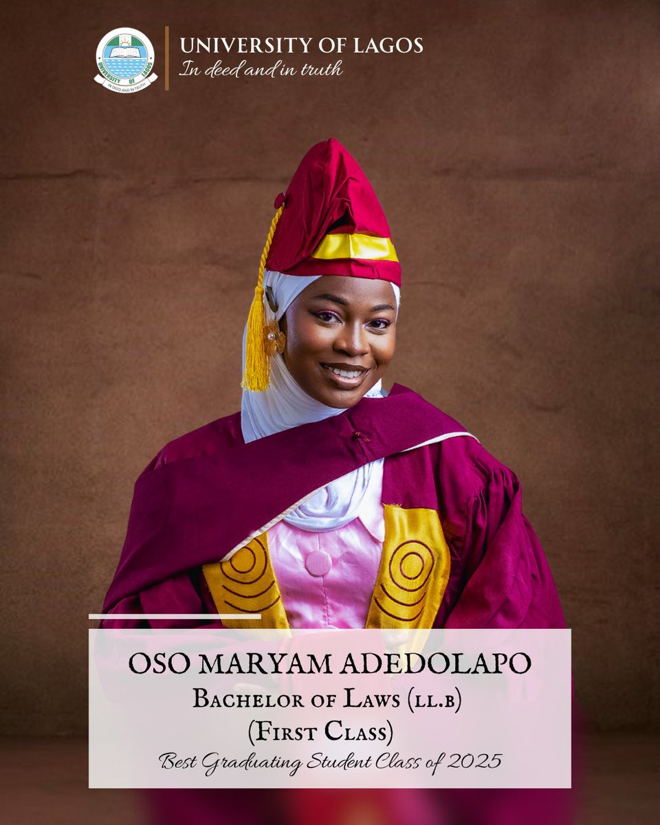 OsoDolapo's tweet image. Which of the favours of Allah will I deny? None!

Introducing 

MARYAM ADEDOLAPO OSO, Bachelor of Laws (LL.B.), First Class (Hons)

Best Graduating Student, Faculty of Law
University of Lagos, Akoka.
