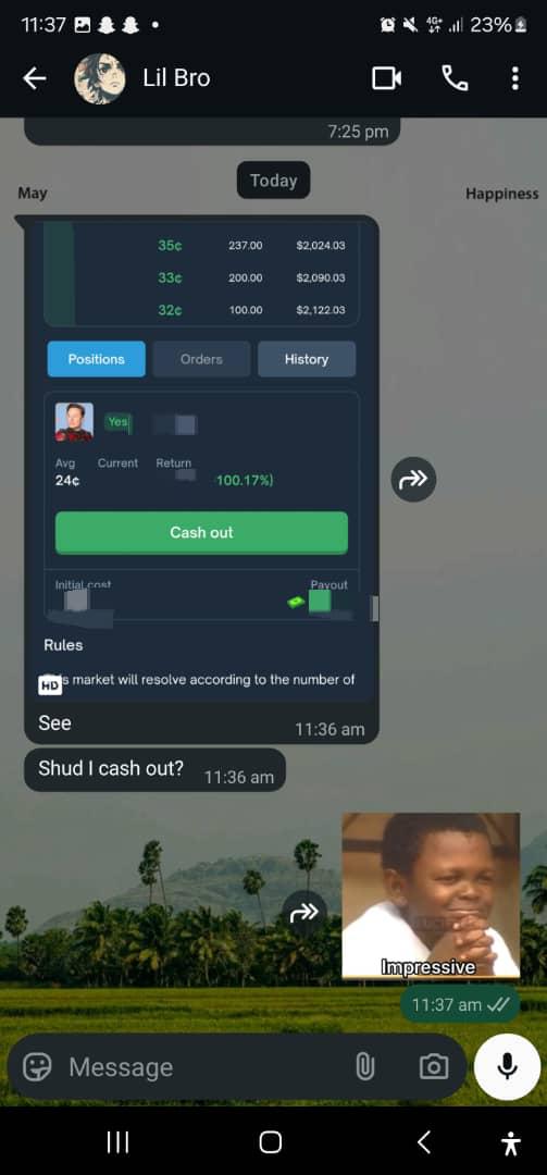_GremBashaar's tweet image. My brother making something from my predictions on Elon market on polymarket. ✨
I love to seeeeeeeeeeeeeeee