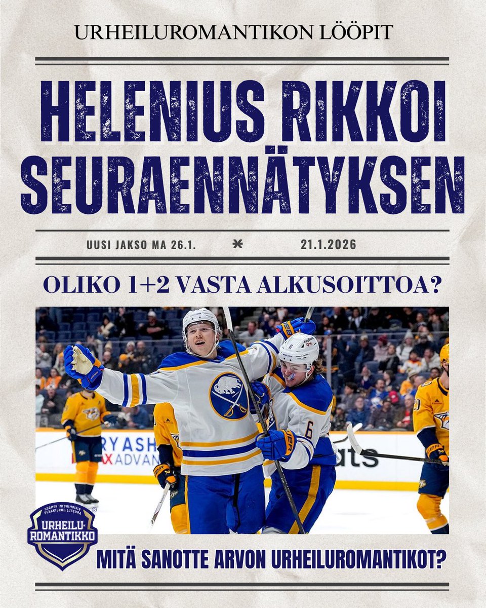Kukaan Buffalo Sabresin pelaaja ei ole tehnyt kolmea pistettä (1+2) uransa toisessa ottelua. Ei Dave Andreychuk. Ei edes Alexander Mogilny. 

Heleniuksen urheiluromanttinen ilta Nashvillea vastaan saattoi kuitenkin olla vasta alkusoittoa.

#nhlfi #buffalosabres #konstahelenius