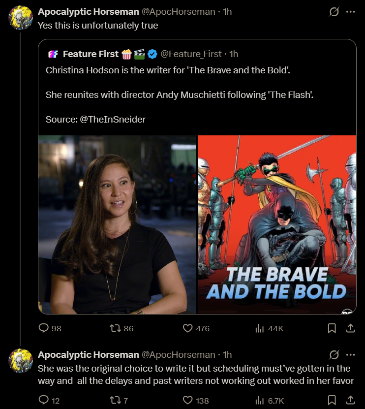 BatNAlley's tweet image. Christina Hodson (THE FLASH, BIRDS OF PREY) serait la scénariste de #BATMAN TBATB !

Apocalypse Horseman : "Elle était le choix initial pour l'écrire, mais son emploi du temps a dû l'en empêcher, et tous les retards et les échecs des scénaristes précédents ont joué en sa faveur."
