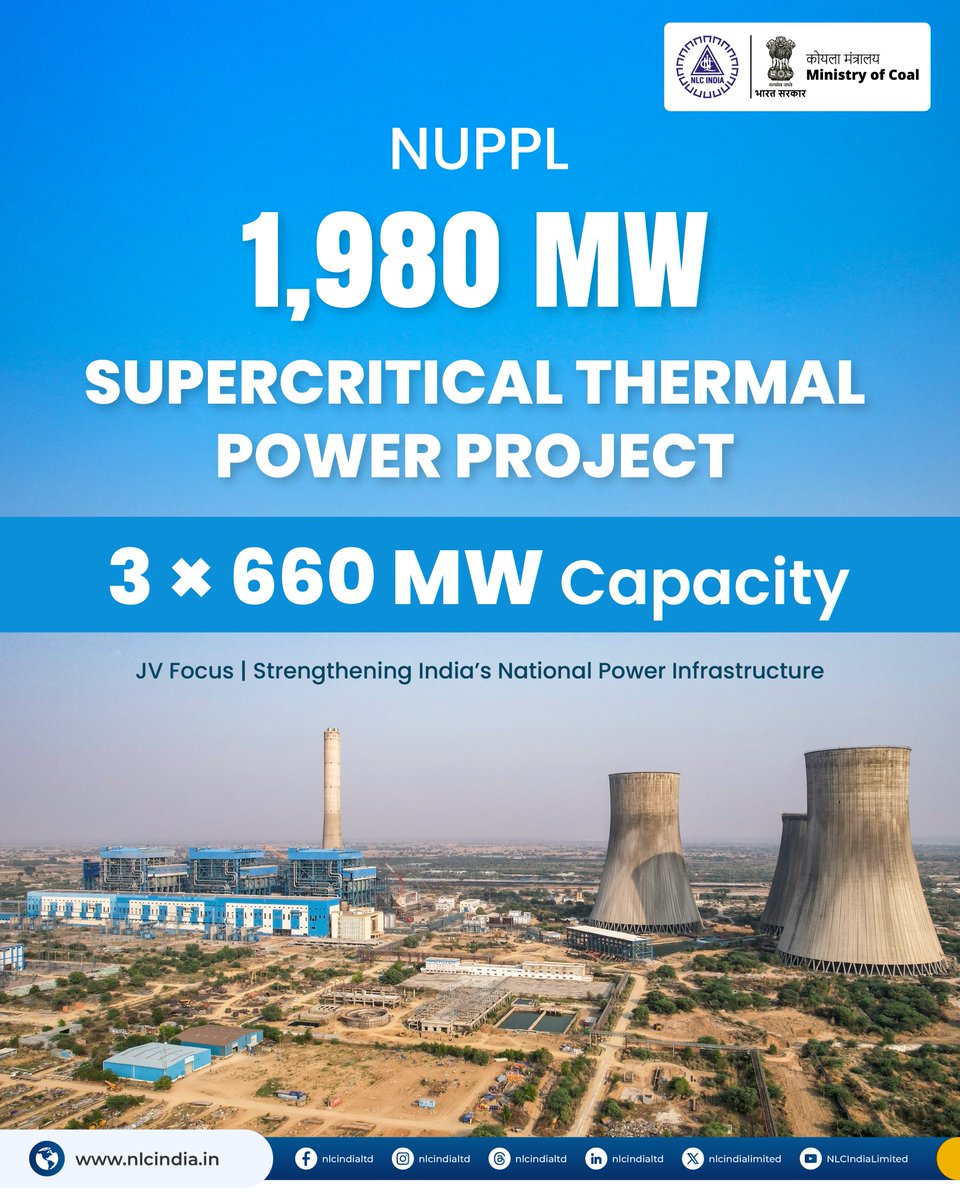 nlcindialimited's tweet image. NUPPL is a 1,980 MW supercritical thermal power project with 3 units of 660 MW each.

The project supports base load generation and strengthens India’s national power infrastructure.

#NUPPL #NationalGrid #ThermalPower #EnergySecurity 
@CoalMinistry @MinesMinIndia @kishanreddybjp