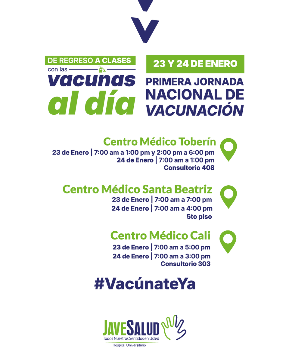 💉 Vacunarse salva vidas. Javesalud se une a la 1ra Jornada Nacional de Vacunación los 23 y 24 de enero. Sin costo, para niños, adolescentes, mujeres gestantes y población COVID-19.

📍 Toberín, Santa Beatriz y Cali con horarios extendidos. ¡Actualiza tu esquema! 💚💙