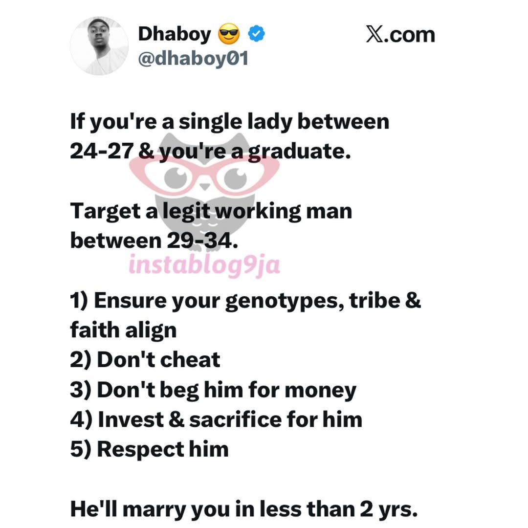 instablog9ja's tweet image. Computer scientist reveals 5 simple steps that can help single women get married within two years.