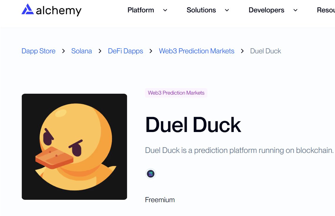 im just looking alchemy and see here @duel_duck in perdition market so duel  duck is a simple onchain prediction platform where anyone can make yes no  predictions on crypto sports or gaming