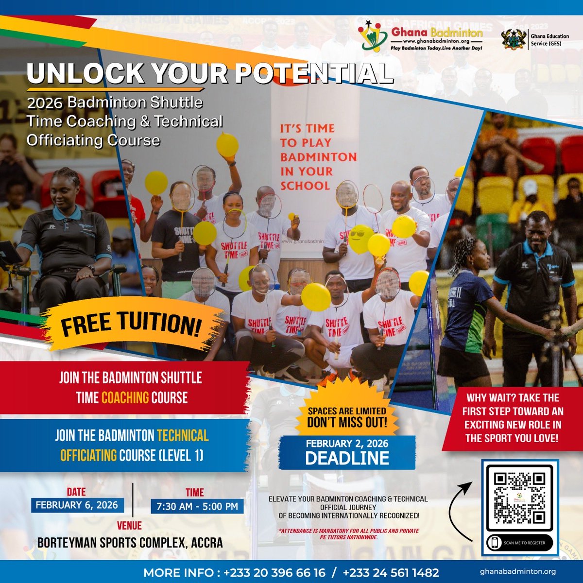 15 DAYS TO GO! 

The excitement is building! 

Calling all Teachers, students  &amp; Badminton Enthusiasts in Ghana!

This is your chance to:
✅ COACH the next generation
✅ LEARN from the best
✅ OFFICIATE matches

Don't miss out! REGISTER NOW!

#GhanaBadminton #BadmintonGH