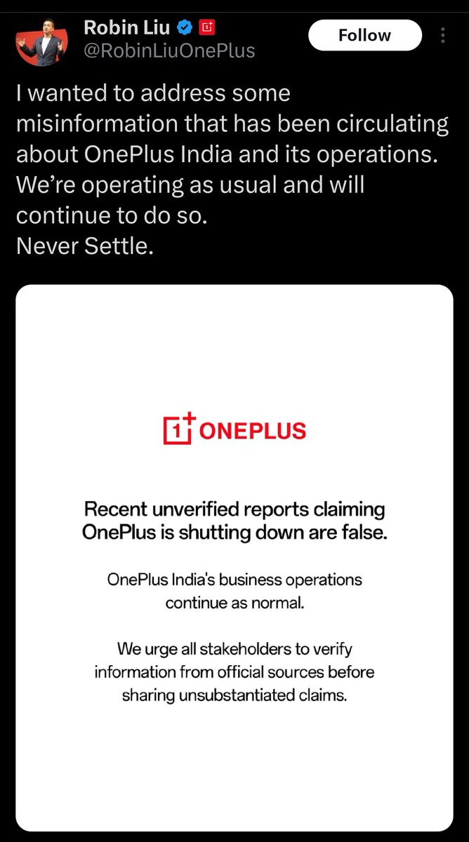JatinArora16147's tweet image. 📱 OnePlus Clears the Air
OnePlus has denied shutdown rumours, confirming that its India operations are running as normal.
Business as usual for the brand in one of its biggest markets 🇮🇳
#OnePlus #TechNews #IndiaOperations #StartupBuzz