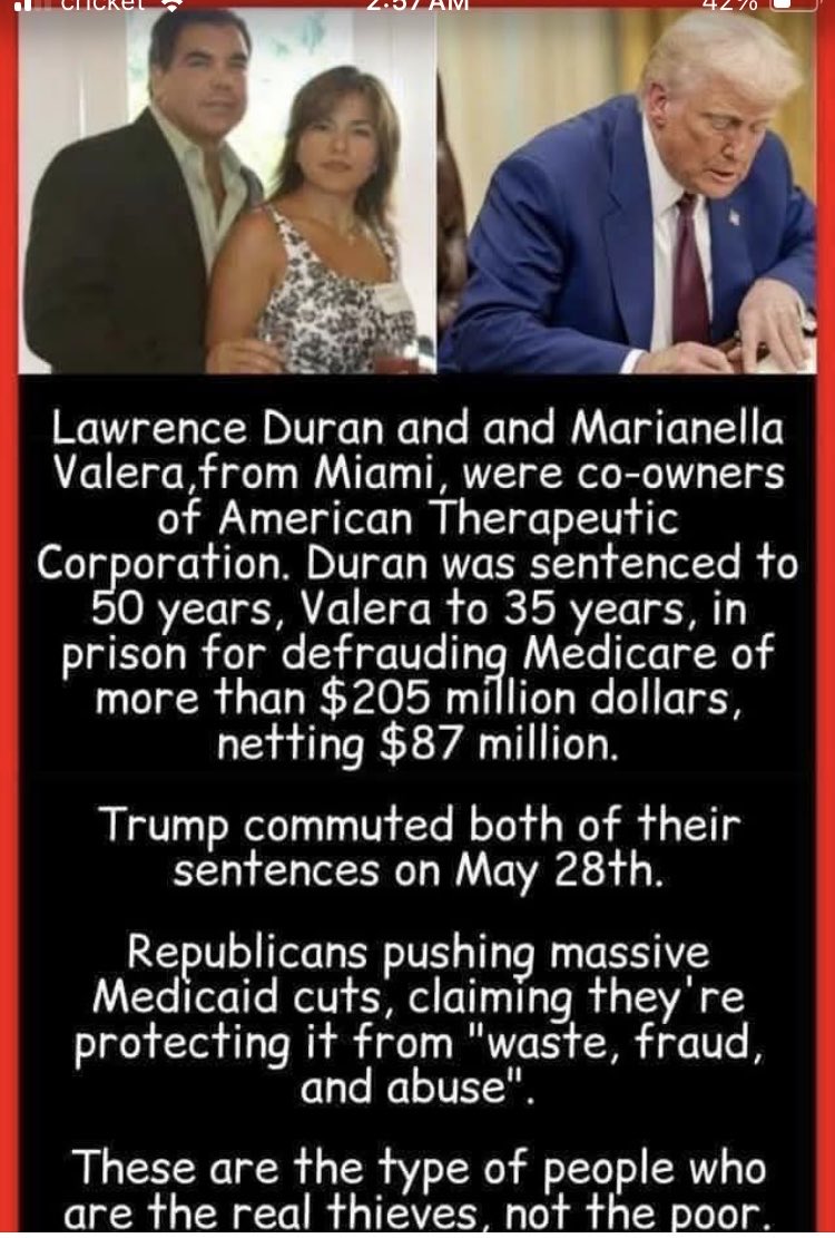 Suzierizzo1's tweet image. These are the people Trump is commuting the sentences of! Lawrence Duran &amp;amp; Marianella Valera of Miami were co owners of American Therapeutic Corporation &amp;amp; they were both sentenced to prison for defrauding Medicare of more than $205 million dollars,netting $87 million dollars!