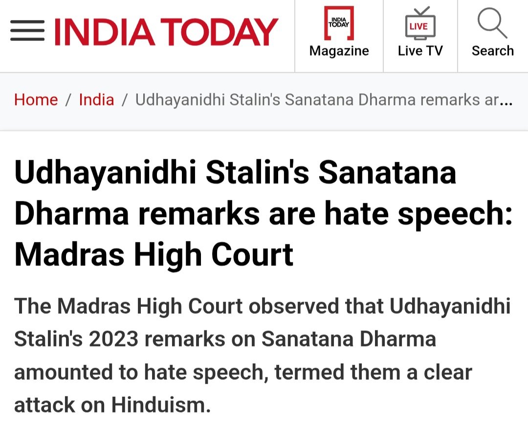 In 2023, Udhayanidhi Stalin called to eradicate Sanatana Dharma.

No case was filed against him in Tamil Nadu for his hate speech.

Now, after 2 years, Madras High Court observed that Udhayanidhi Stalin’s call to eradicate Sanatana Dharma carries an implication akin to genocide.