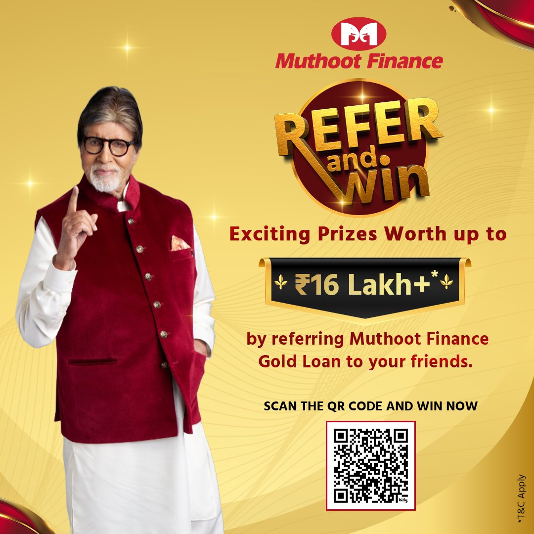 TheMuthootGroup's tweet image. Your referral could bring you a golden reward!
Refer your loved ones to our Gold Loan service &amp;amp; stand a chance to win from prizes worth ₹16 Lakhs+.

SCAN THE QR CODE OR CLICK HERE: bit.ly/ReferNWinConte… TO REFER AND WIN NOW!

#ReferAndWin #GoldCoins #MuthootFinance