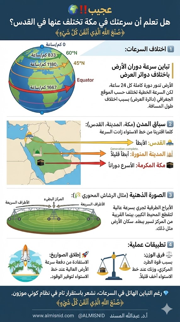 عجيب‼️
🌍 هل تعلم أن سرعتك في مكة تختلف عنها في القدس؟ ﴿صُنْعَ اللَّهِ الَّذِي أَتْقَنَ كُلَّ شَيْءٍ﴾

(تباين سرعة دوران الأرض باختلاف دوائر العرض)
رغم أن الأرض تدور دورة كاملة واحدة كل 24 ساعة، إلا أن السرعة الخطية التي نتحرك بها تختلف جذرياً بناءً على موقعنا الجغرافي (دائرة