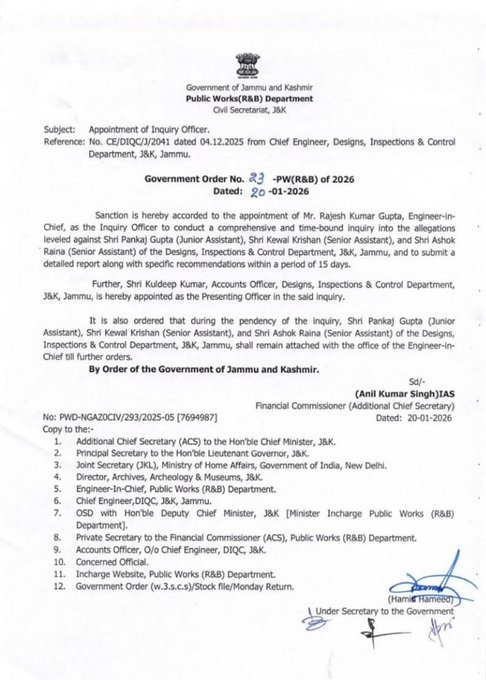 jkchanneltv's tweet image. The Government of Jammu and Kashmir has ordered a time-bound inquiry into allegations against three officials of the Designs, Inspections and Control Department, Jammu.  #Inquiry #Accountability #Jammu #Governance #JammuAndKashmir