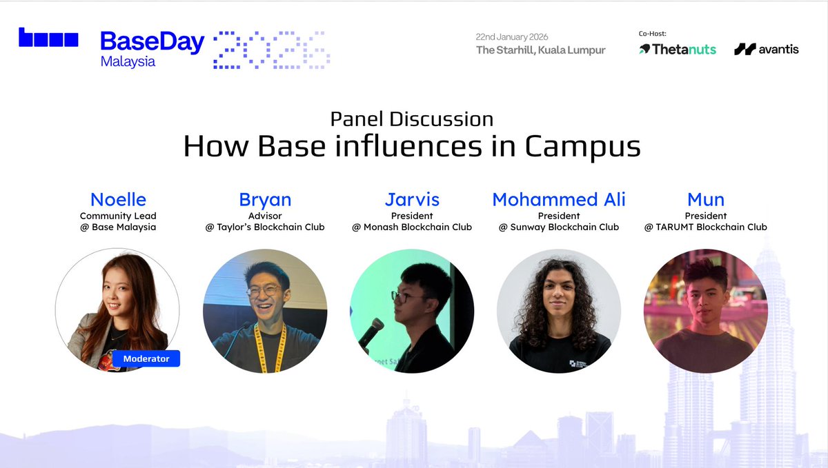 baseapac's tweet photo. Moderated by @nonolee97, Base MY Community Lead, this panel brought together student leaders and advisors to explore how Base is shaping blockchain communities on campuses across Malaysia.

Featuring:
• @nuuuwb - Advisor, @TaylorsBCC
• @jarvis_lim President, @mumbcs
• @_quix0te – President, @SunwayBCC
• @mun336699 – President, @tarumtbcc

Campus builders, real impact, and the future of Web3 in campus. 🟦

Want to hear what they have to say? Sign up via https://t.co/Hs1qNWnF0s and come hear for yourself!